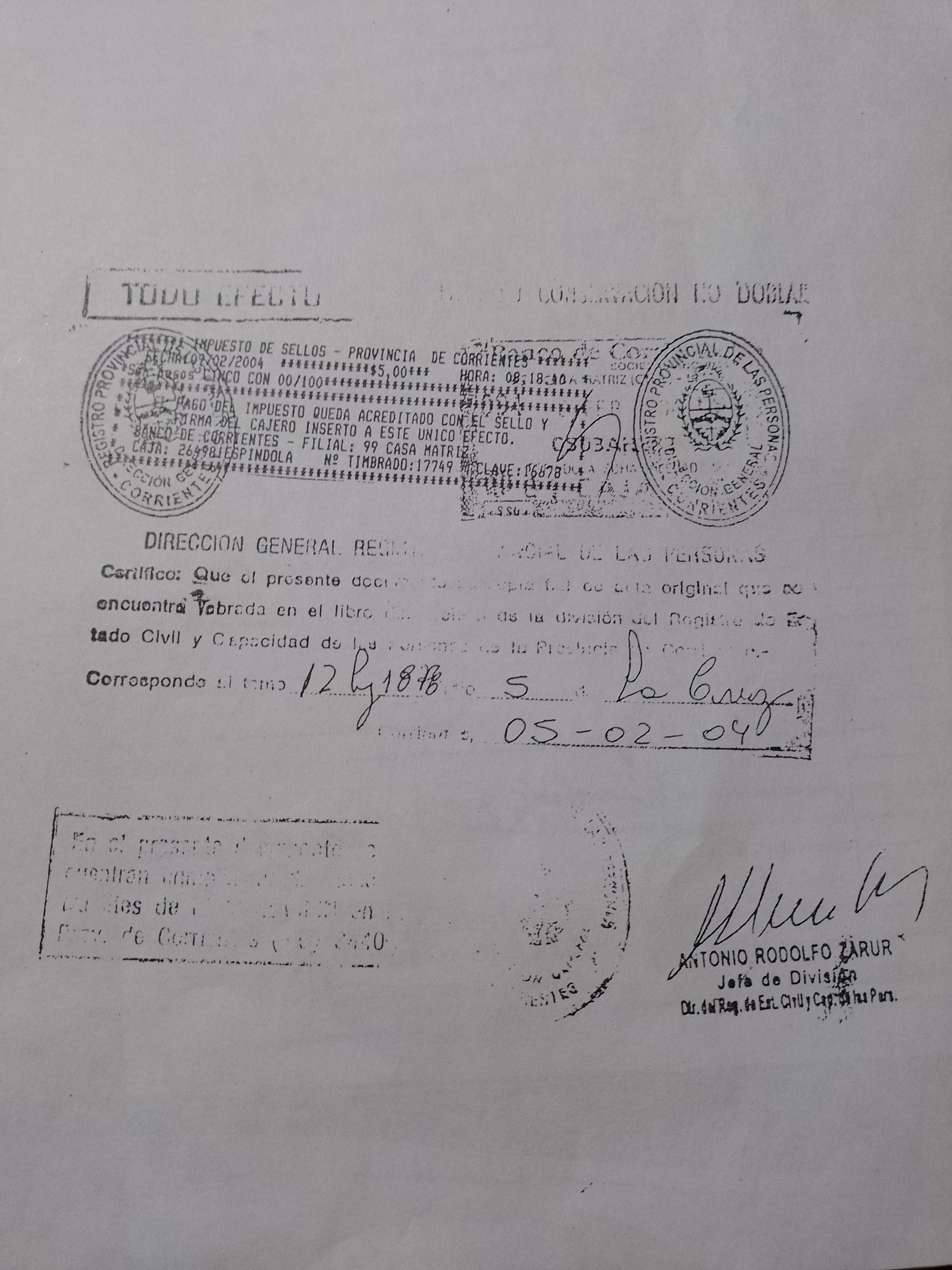 Imagen de acta o certificado de nacimiento.
