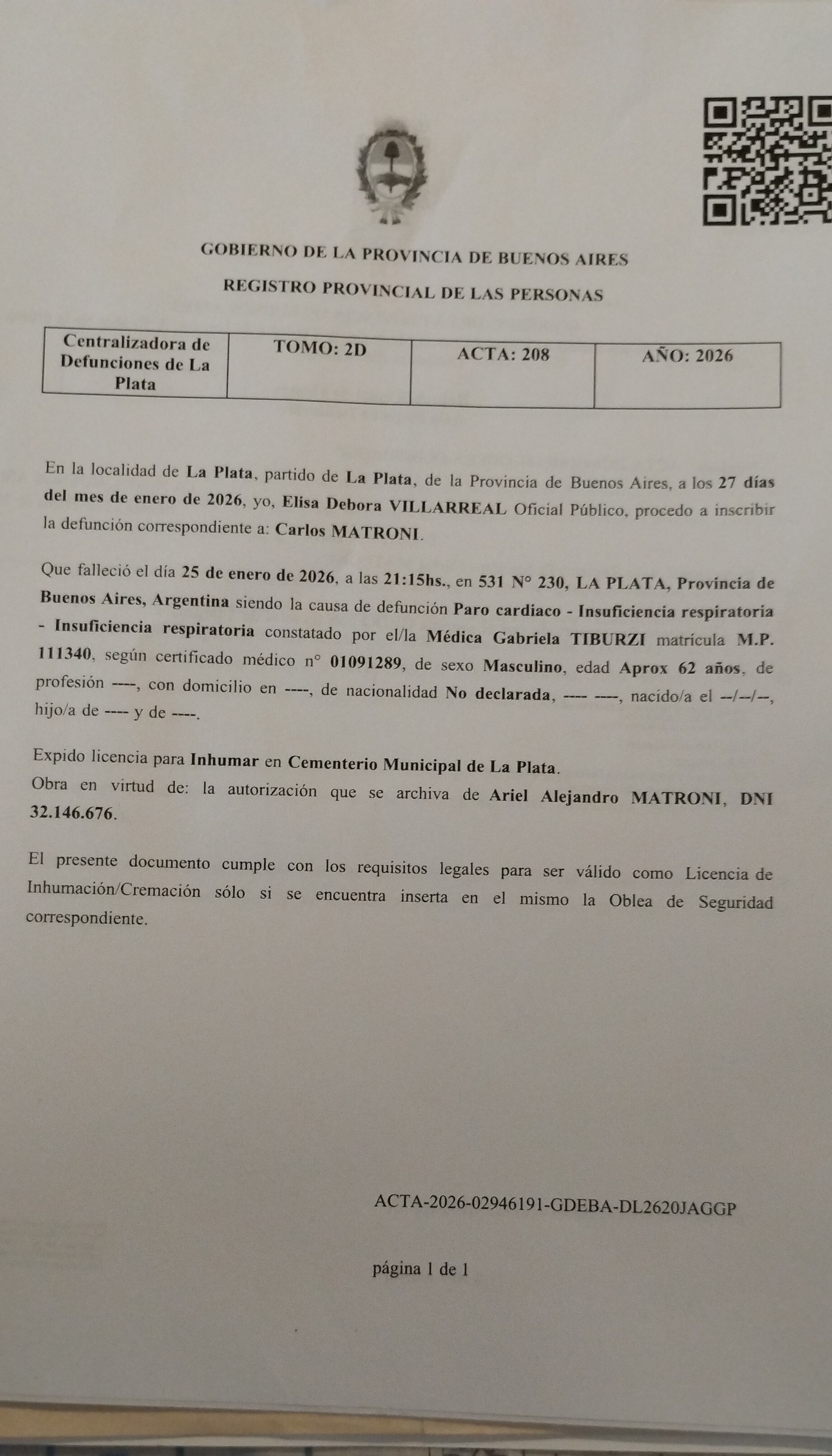 Partida, acta o certificado de defunción del Registro Civil del lugar donde ocurrió el hecho (legible, sin enmiendas ni roturas).